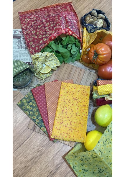 4'lü Karışık Desen Kumaş Tekrar Kullanılabilen Doğal Balmumlu (Balmumu) Gıda Saklama Kumaş Bez