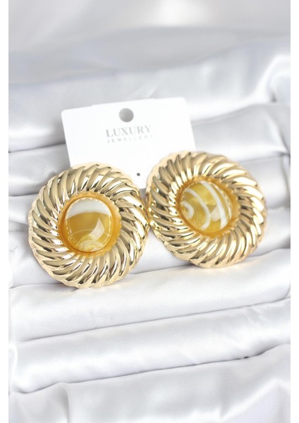 Pirinç Gold Renk Kehribar Boncuklu Vintage Kadın Küpe - Lisinya