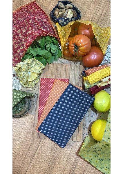 3'lü Karışık Desen Kumaş Tekrar Kullanılabilen Doğal Balmumlu (Balmumu) Gıda Saklama Bezi Büyük Boy