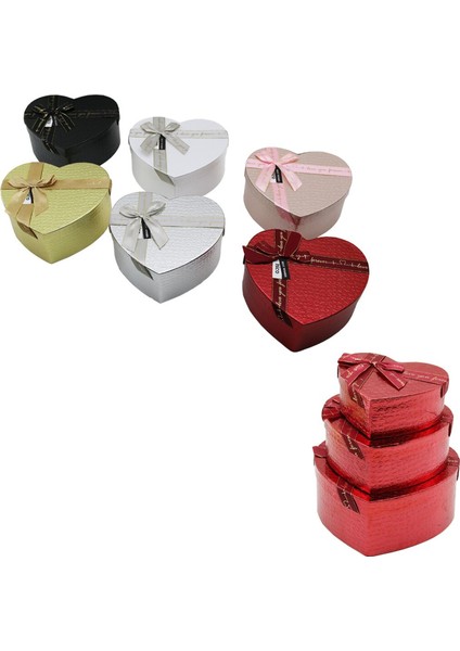 3pcs Kalp Parlak Mix Renkli - Kabartma Desen Karton Hediye Kutusu Kurdelalı 22x20-19x17-16x14cm (4915)