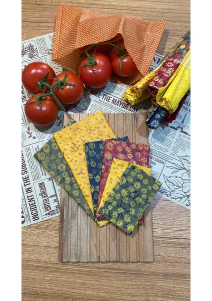 6'lı Puantiye Desen Kumaş Tekrar Kullanılabilen Doğal Balmumlu (Balmumu) Gıda Saklama Bezi