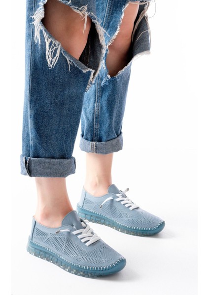 ZRİN-365 Mavi Desenli Hakiki Deri Tam Ortopedik Comfort Spor Babet modelleri