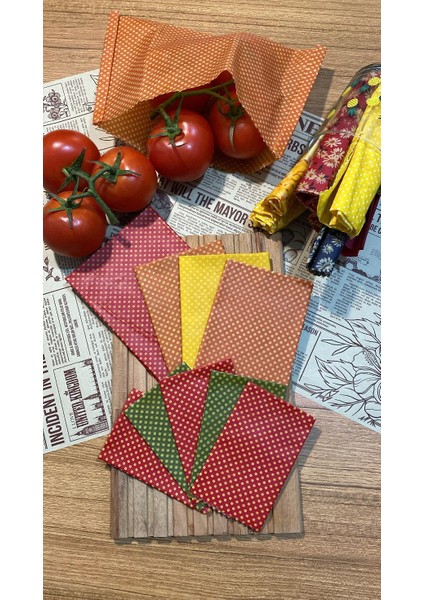 9'lu Puantiye Desen Kumaş Tekrar Kullanılabilen Doğal Balmumlu (Balmumu) Gıda Saklama Bezi