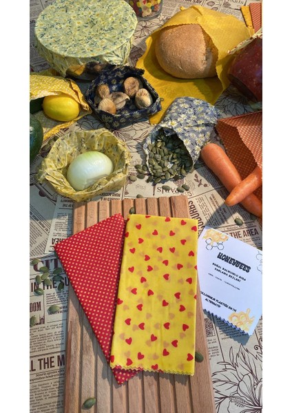 2'li Karışık Desen Kumaş Tekrar Kullanılabilen Doğal Balmumlu (Balmumu) Gıda Saklama Bezi Büyük Boy