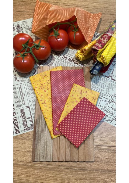 4'lü Karışık Desen Kumaş Tekrar Kullanılabilen Doğal Balmumlu (Balmumu) Gıda Saklama Kumaş Bezi