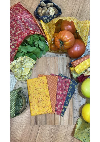 4'lü Karışık Desen Kumaş Tekrar Kullanılabilen Doğal Balmumlu (Balmumu) Gıda Saklama Bezi Orta Boy