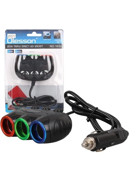 Olesson 1632 12-24V 120W 80CM Kablolu 3'lü Araç Çakmak Çoklayıcı