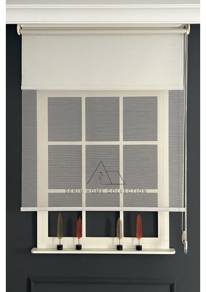 Krem Ince Çizgili Tül ve Stor Perde (Dayanıklı Alüminyum Kasa)