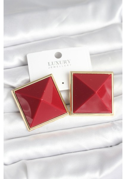 Gold Renk Bordo Piramit Model Kadın Küpe (Pirinç)