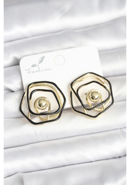 Gold Renk Siyah Mineli Geometrik Gül Model Kadın Küpe (Pirinç)