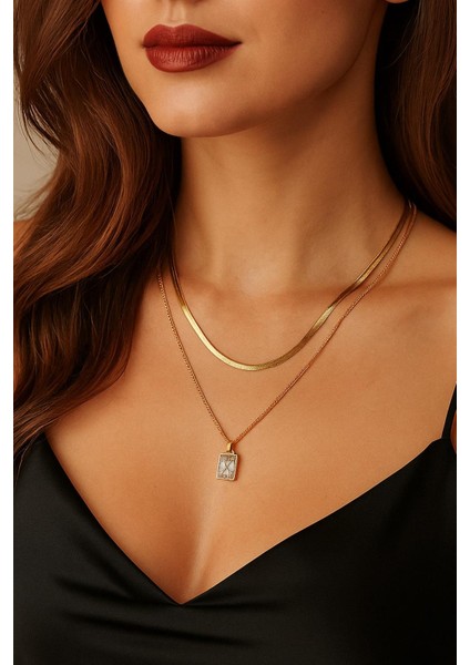 Altın Renk Italyan Bakla Zincirli Taşlı Çelik Kolye