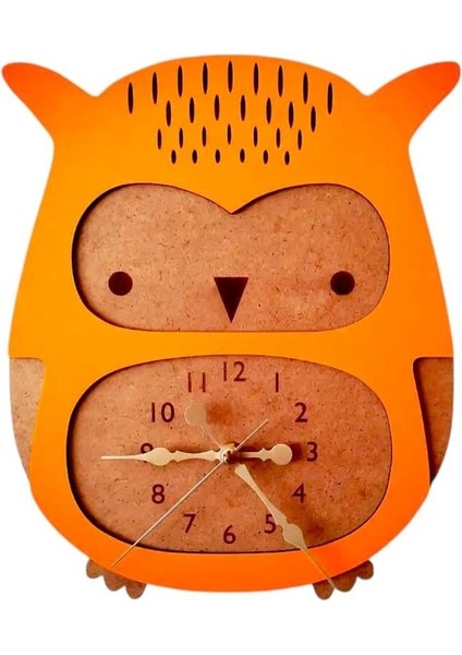 Baykuş Detaylı Turuncu Çocuk Duvar Saati
