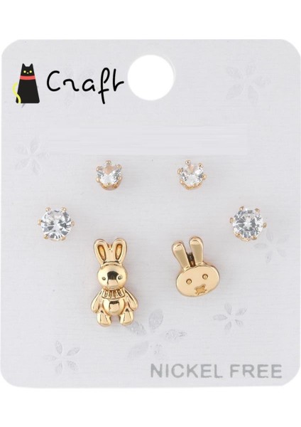 Gold 6'lı Tavşanlı Taşlı Kombin Küpe