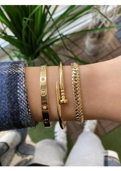 Altın Renk Kadın 3'lü Kombin Kartier Çivi Tırtıl Renk Atmaz Bileklik Kombin Seti