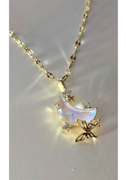 Ltın Renk Kadın Çelik Ay Hilal Kolye, Kararmaz Kelebek ,yansıması Ayışığı Çelik Kolye