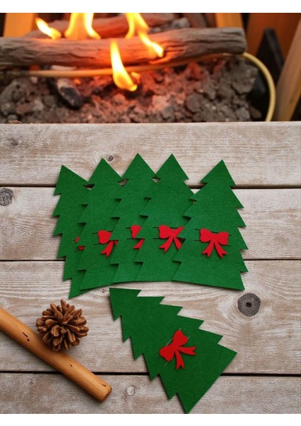 Yılbaşı Temalı Keçe Yeşil Kaşıklık 6 Adet