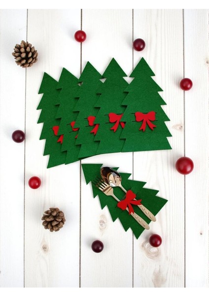 Yılbaşı Temalı Keçe Yeşil Kaşıklık 6 Adet modelleri