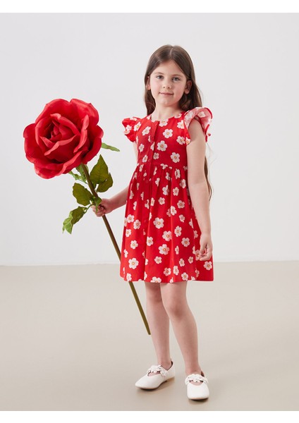 Yeni Sezon Önden Düğmeli Çiçekli Kız Çocuk Poplin Elbise