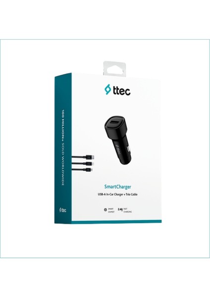 Smartcharger Araç Şarj Aleti, Trio Kablo, 2.4A, 12 W, Siyah indirimleri