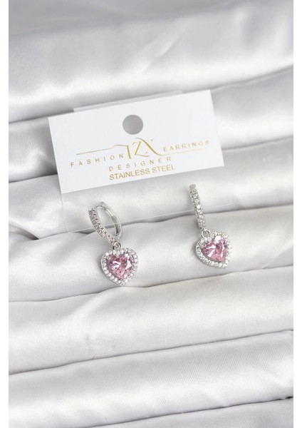 Bfs Pirinç Gümüş Pembe Renk Zirkon Taşlı Kalp Model Kadın Küpe