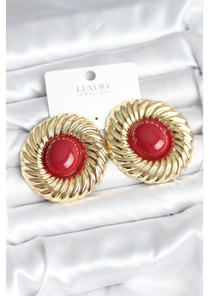 Bfs Pirinç Gold Renk Bordo Boncuklu Vintage Kadın Küpe