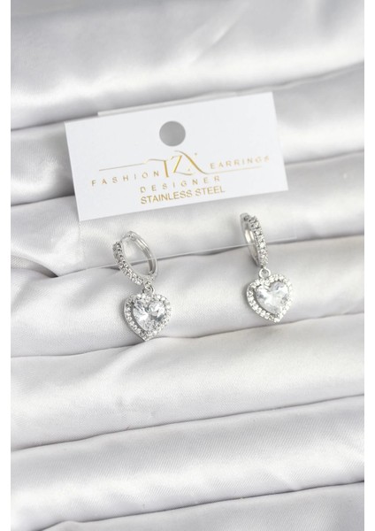 Bfs Pirinç Gümüş Renk Zirkon Taşlı Kalp Model Kadın Küpe
