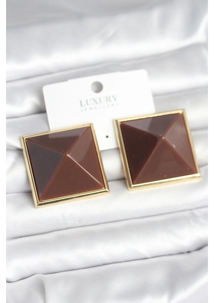 Bfs Pirinç Gold Renk Kahverengi Piramit Model Kadın Küpe