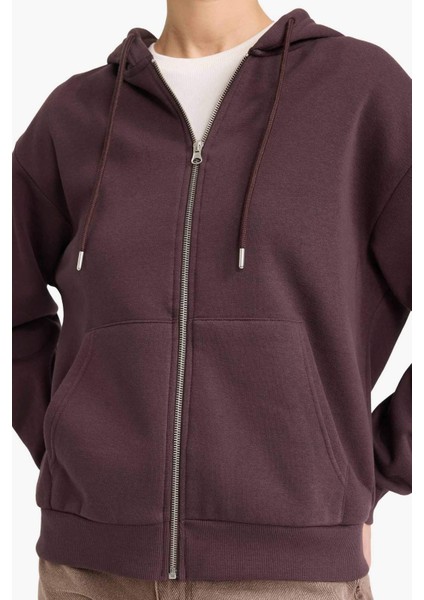Relax Fit Kapüşonlu Basic Düz Kalın Fermuarlı Sweatshirt C1809AX25AU fırsatları