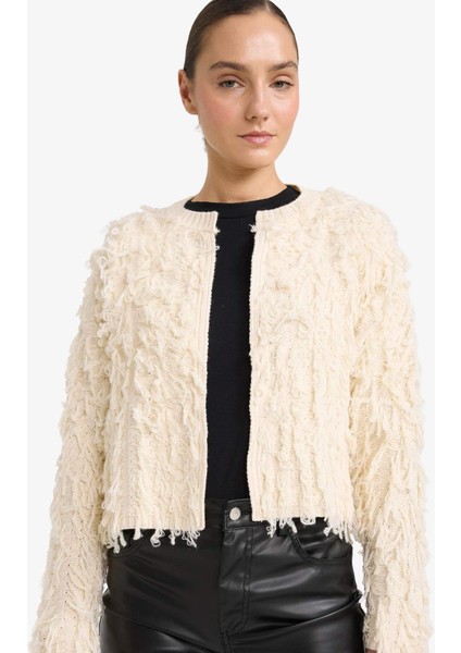 Regular Fit Bisiklet Yaka Saçaklı Triko Hırka G7049AX25WN