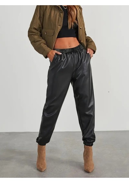 Kadın Yüksek Bel Lastikli Önü Düğmeli Deri Pantolon modelleri