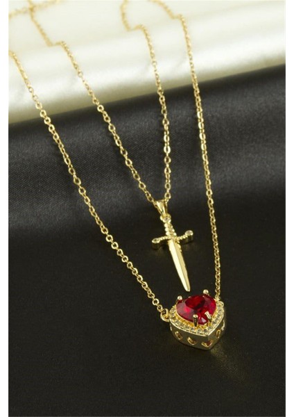 Altın Renk Kırmızı Taş Kalp Kılıç Çift Kolyesi Çelik Kolye