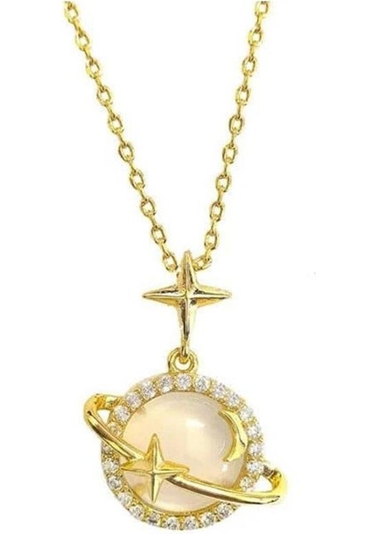 Altın Renk Opal Yıldız Gezegen Satürn Çelik Kolye
