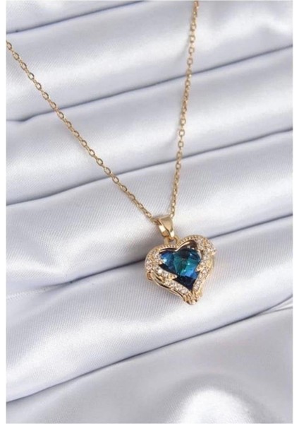 Altın Renk Sf Zincirde Mavi Kalp Gezegen Vip Solmaz Kararmaz Çelik Kolye