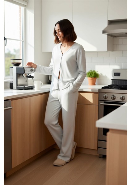 Rahat Pijama Takımı Pamuklu Kaşkorse Örme Hırka ve Pantolon Mükemmel Uyum Kullanım