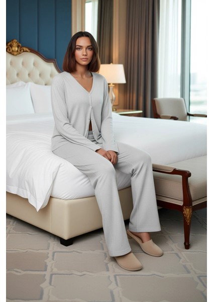 Rahat Pijama Takımı Pamuklu Kaşkorse Örme Hırka ve Pantolon Mükemmel Uyum Kullanım