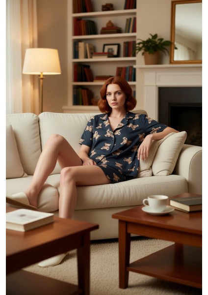 Ayıcıklı Viskoz Pijama Yazlık Rahat Şortlu 2'li Takım Ev Giyim Özel Tasarım Yüksek Kalite