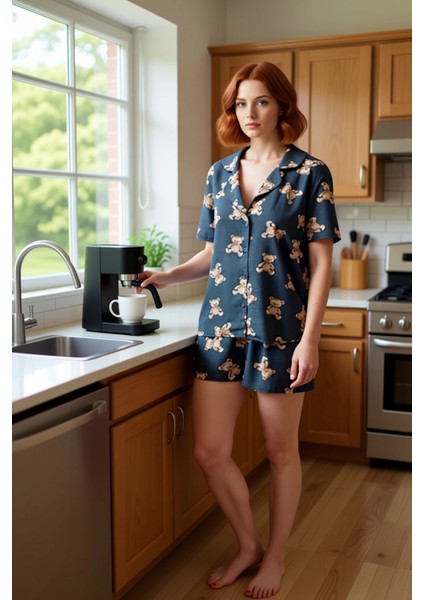 Ayıcıklı Viskoz Pijama Yazlık Rahat Şortlu 2'li Takım Ev Giyim Özel Tasarım Yüksek Kalite