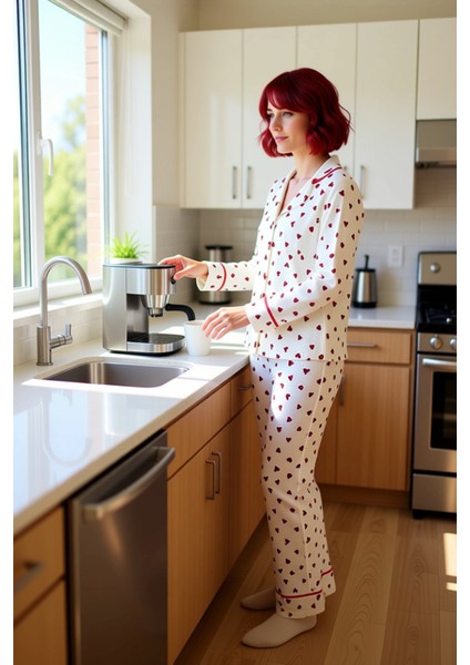 Pamuklu Kalpli Pijama Takımı Regular Kalıp Uzun Kollu Kışlık Trend Tasarım Dayanıklı Malzeme