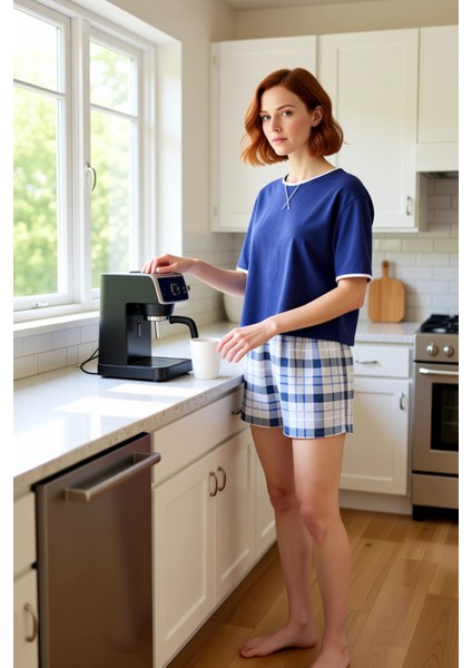 Yazlık Ekose Desenli Pamuklu Pijama Takımı Kısa Kollu Rahat Kalıp Trend Tasarım