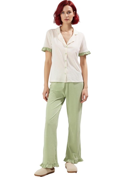 Rahat %100 Pamuklu Leopar Pijama Takımı Kısa Kollu Gömlek ve Boru Paça Pantolon Zarifane Tasarım indirimleri