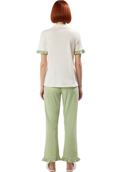 Rahat %100 Pamuklu Leopar Pijama Takımı Kısa Kollu Gömlek ve Boru Paça Pantolon Zarifane Tasarım