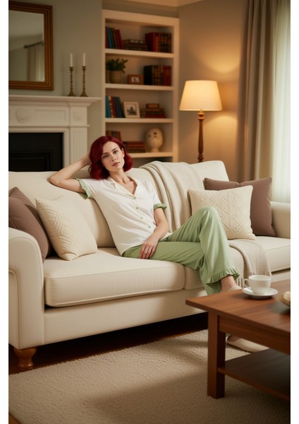 Rahat %100 Pamuklu Leopar Pijama Takımı Kısa Kollu Gömlek ve Boru Paça Pantolon Zarifane Tasarım