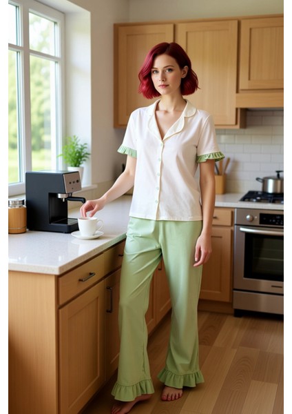 Rahat %100 Pamuklu Leopar Pijama Takımı Kısa Kollu Gömlek ve Boru Paça Pantolon Zarifane Tasarım