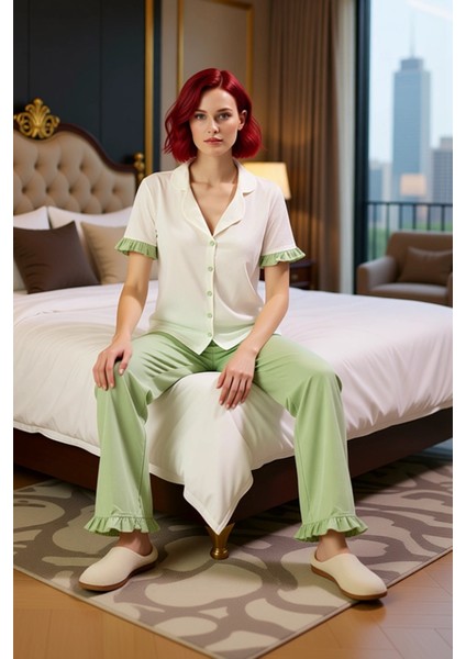 Rahat %100 Pamuklu Leopar Pijama Takımı Kısa Kollu Gömlek ve Boru Paça Pantolon Zarifane Tasarım