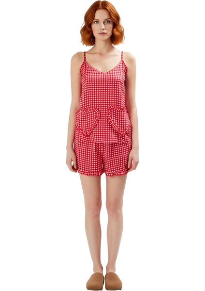 Rahat ve Şık Ekose Viskoz Pijama Takımı V Yaka Fırfır Detaylı Yazlık Uzun Ömürlü indirimleri