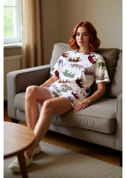 Kaplan Desenli %100 Pamuklu Kadın Pijama Takımı Şortlu ve Rahat Dayanıklı Malzeme indirimleri