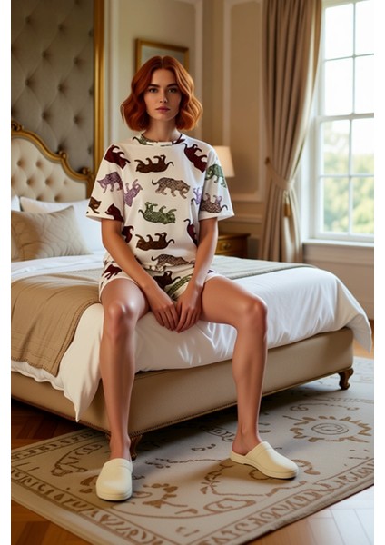 Kaplan Desenli %100 Pamuklu Kadın Pijama Takımı Şortlu ve Rahat Dayanıklı Malzeme