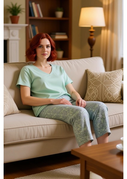 Rahat Örme Pijama Takımı Çiçek Desenli Kapri Pantolon Bisiklet Yaka Zarifane Tasarım