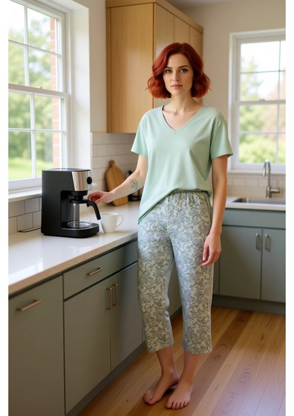 Rahat Örme Pijama Takımı Çiçek Desenli Kapri Pantolon Bisiklet Yaka Zarifane Tasarım