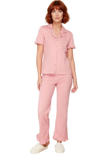 Rahat %100 Pamuklu Leopar Pijama Takımı Kısa Kollu Gömlek ve Boru Paça Pantolon Zarifane Tasarım indirimleri